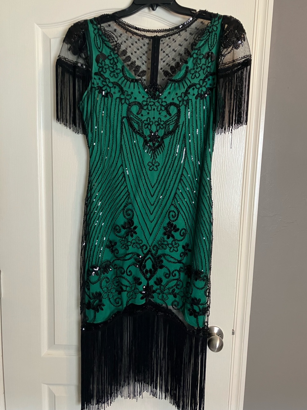Emerald Green Beaded Fringe Flapper Dress